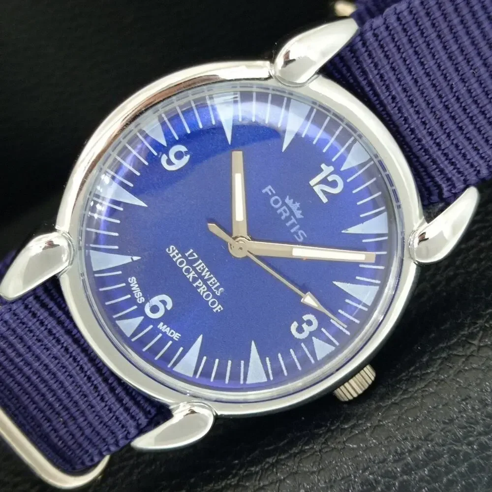 Vintage 1976 Fortis Manual Mens Silver Watch W/Nato Strap & Blue accents